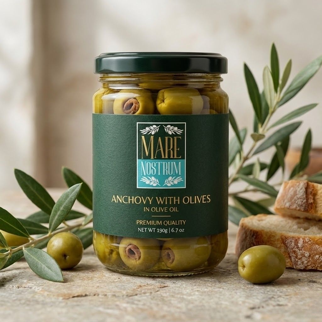 Anchovy fillets with olives — Mare Nostrum retail glass jar