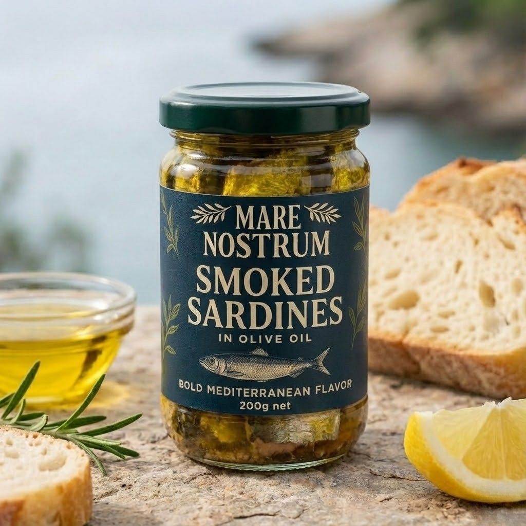 Lightly smoked sardines — Mare Nostrum retail glass jar