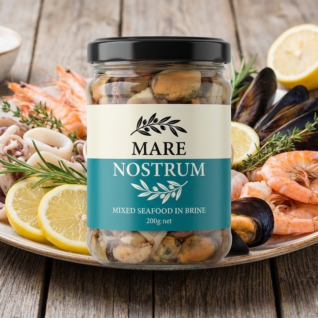 Mixed Mediterranean seafood in brine — Mare Nostrum retail glass jar