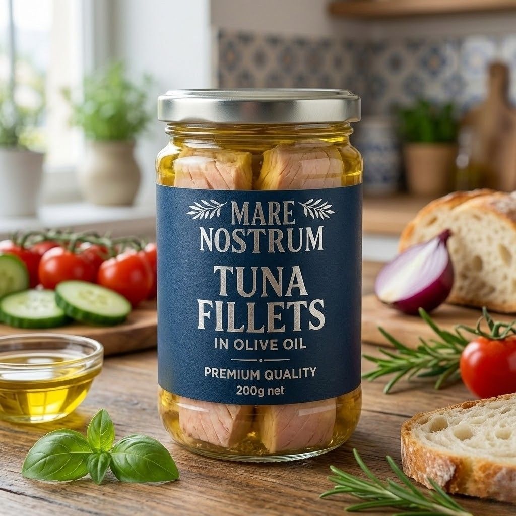 Tuna fillets in olive oil — Mare Nostrum retail glass jar